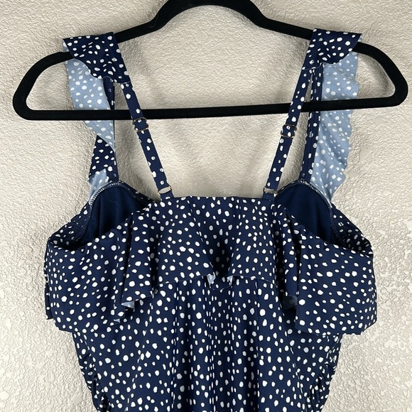 Kona Sol Navy & White Polka Dost Ruffle One Piece Summer Swimsuit Size 14 - Picture 4 of 8